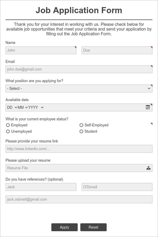 Job application form with resume file upload field